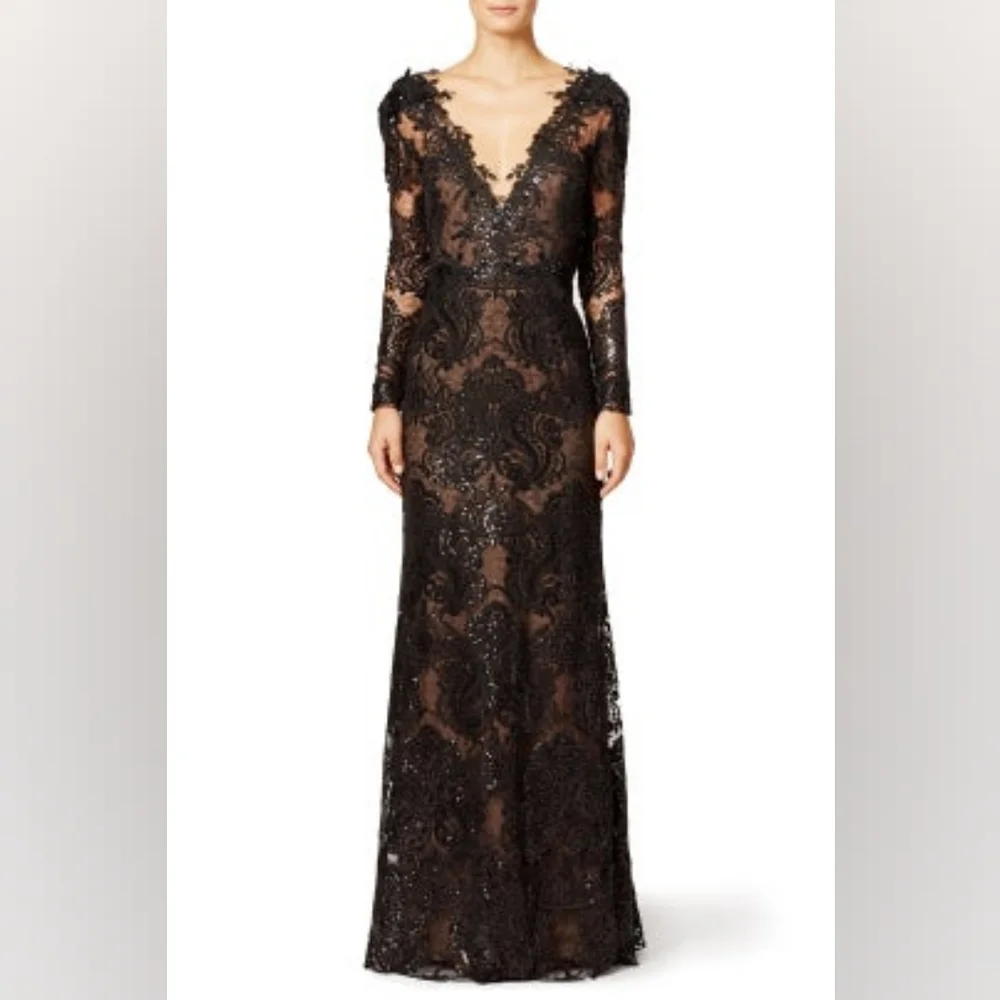 $1,500.00 MARCHESA NOTTE EXCL BLACK LACE BEAD RUNWAY GOWN S - Picture 3 of 14